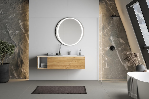 Intérieur de salle de bain moderne avec sol en béton baignoire ovale blanche et plante de douche lavabo blanc et vue sur la montagne enneigée depuis les fenêtres Salle de bain minimaliste avec mobilier moderne rendu 3D