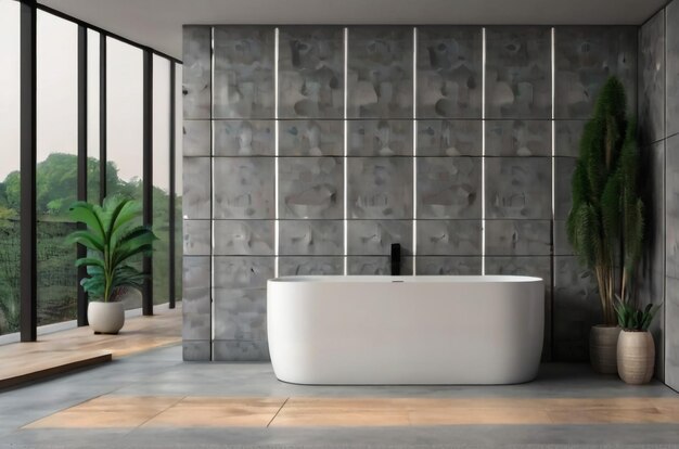 Intérieur de salle de bain moderne avec sol en béton baignoire ovale blanche et station de douche à bassin blanc
