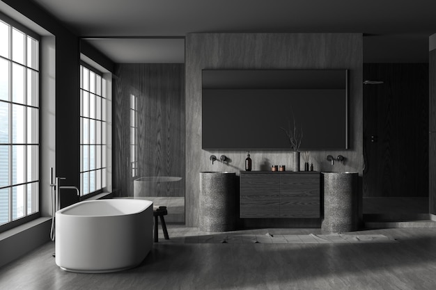 Intérieur de salle de bain moderne et sombre avec accessoires de baignoire et de douche et fenêtre