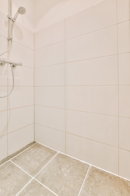 L'intérieur d'une salle de bain moderne avec un système de douche dans une maison confortable