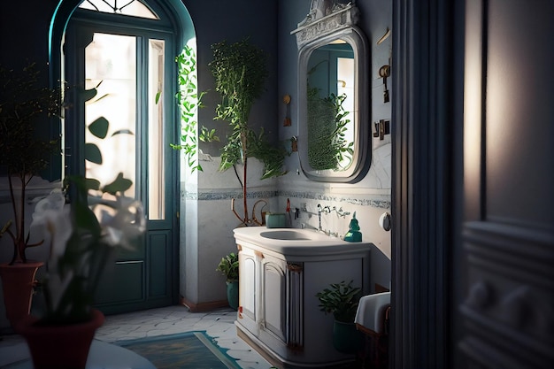 Intérieur d'une salle de bain avec plantes vertes générative ai