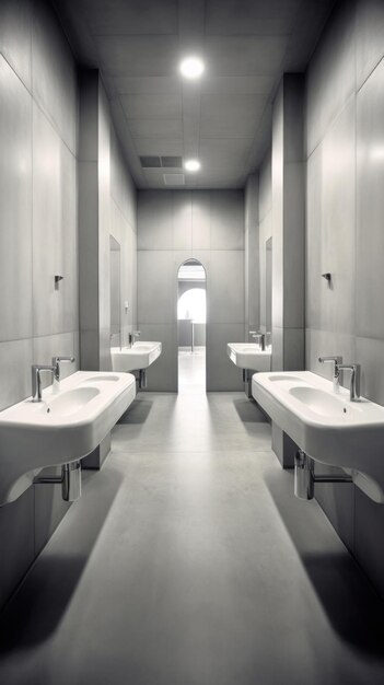 Photo intérieur de la salle de bain avec robinet d'évier aligné et urinoirs de toilette publique design de salle de bain moderne