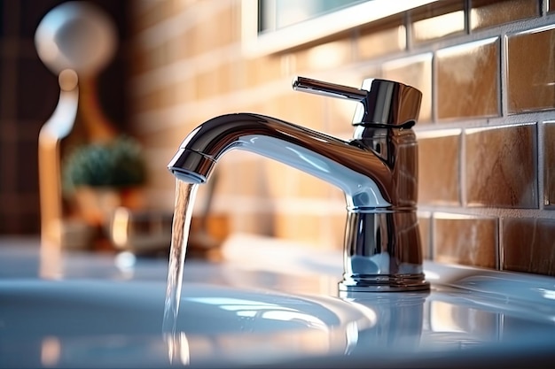 Photo intérieur de la salle de bain avec robinet de lavabo lavabo à robinet chromé ouvert