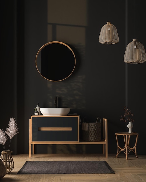 Intérieur d'une salle de bain sombre moderne avec murs blancs, parquet, plantes sèches, arches, lavabo blanc.