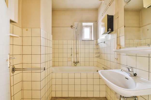 L'intérieur d'une salle de bain spacieuse dans un appartement confortable avec baignoire et lavabo