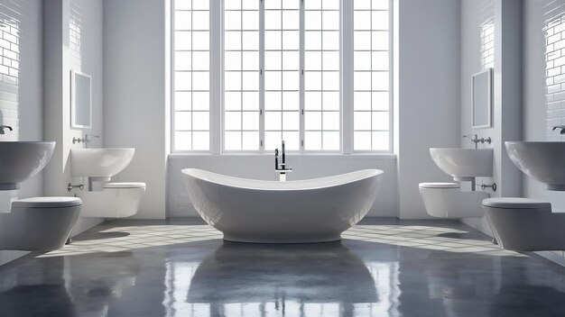 L'intérieur d'une salle de bain spacieuse et lumineuse moderne avec une baignoire indépendante 3D