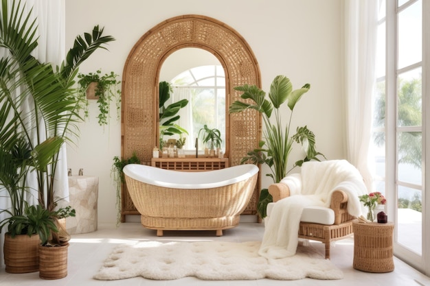 Intérieur de salle de bain de style boho avec des meubles en rotin et de la verdure remplie de lumière