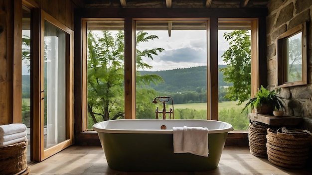 L'intérieur de la salle de bain avec vue sur les montagnes et la vallée