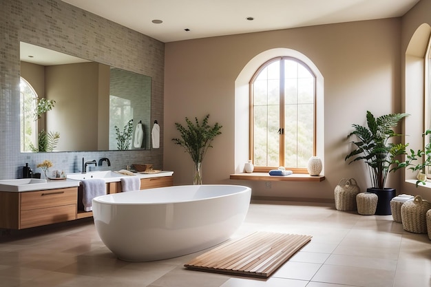 Intérieur de salle de bains avec baignoire et lavabo en céramique dans une maison spacieuse