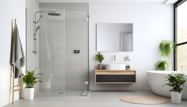 Intérieur de salle de bains blanc moderne avec lavabo élégant et cabine de douche en verre