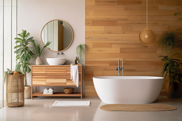 Intérieur d'une salle de bains élégante avec baignoire et miroir en bois