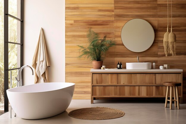 Intérieur d'une salle de bains élégante avec baignoire et miroir en bois