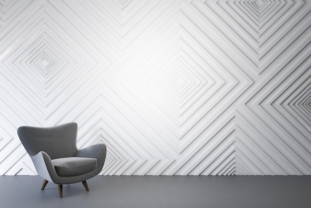 Photo intérieur de salle blanche vide avec des murs à motifs de losanges, un sol en béton et un fauteuil gris. maquette de rendu 3d