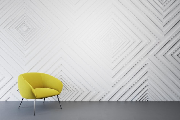 Photo intérieur de salle blanche vide avec des murs à motifs de losanges, un sol en béton et un fauteuil jaune. maquette de rendu 3d