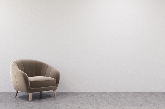 Intérieur de salle blanche vide avec un sol en béton et un fauteuil beige confortable et doux. maquette de rendu 3d