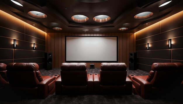 L'intérieur d'une salle de cinéma avec des fauteuils en cuir rouge et un grand écran plasma