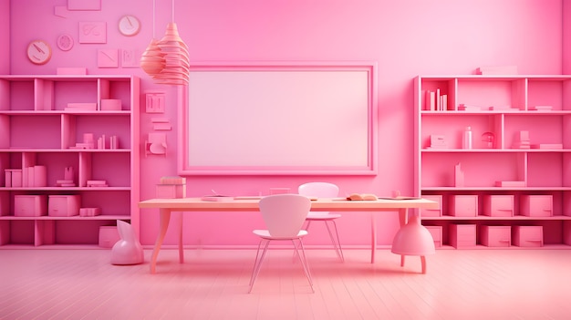 Intérieur de la salle de classe barbie rose avec des murs roses, des chaises roses et des tables rondes maquette de rendu 3d