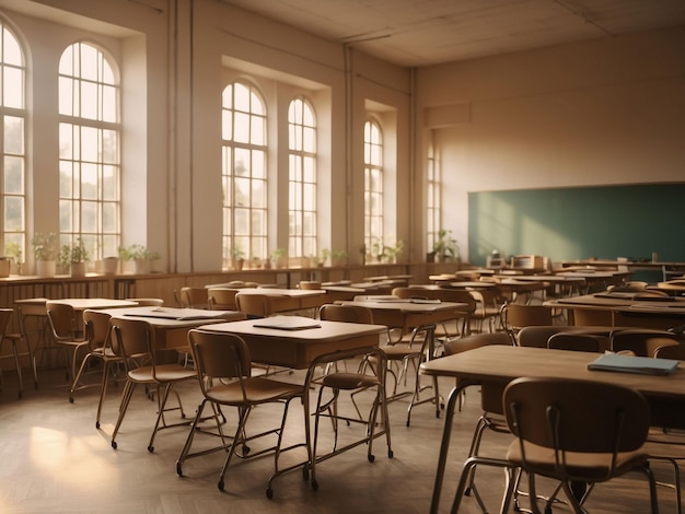 Intérieur de salle de classe en bois vintage conférence chaises et bureaux en bois générative d'IA