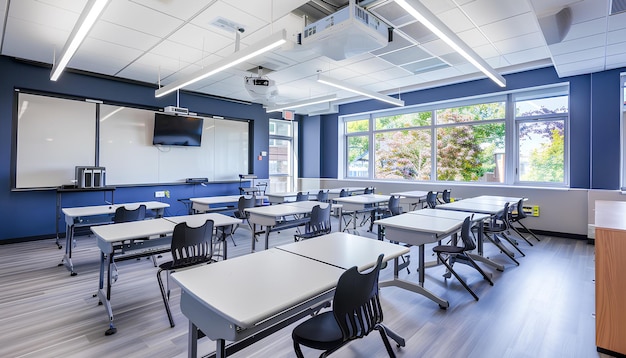 Intérieur de la salle de classe avec des bureaux