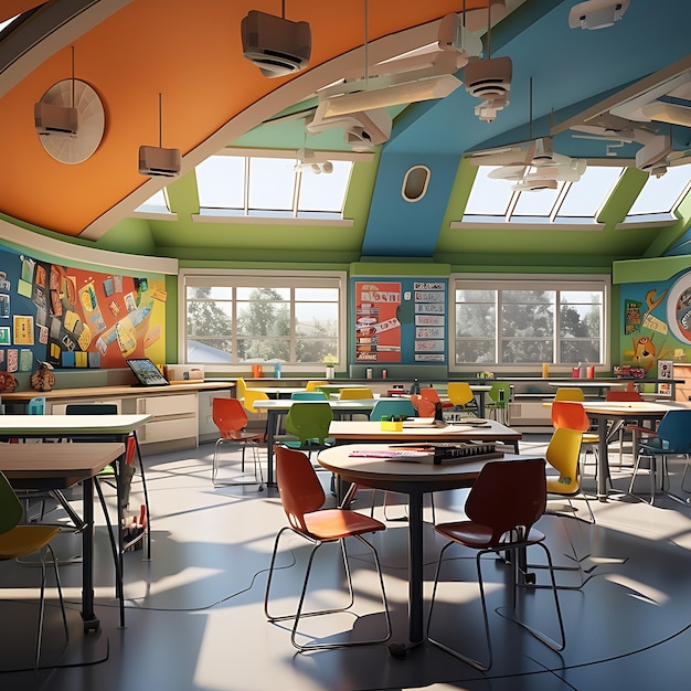 l'intérieur d'une salle de classe dans une école dans le style de pixar