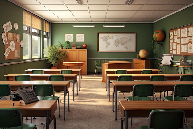L'intérieur de la salle de classe avec des murs verts et un sol en bois
