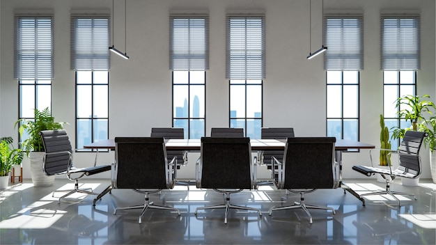 Intérieur de salle de conférence de bureau minimaliste moderne avec sol en béton et murs blancs rendu 3d