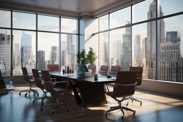 L'intérieur d'une salle de conférence d'un bureau moderne avec des murs blancs et un moniteur