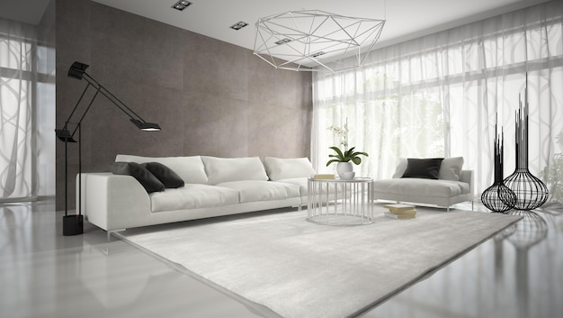 Intérieur d'une salle de design moderne avec rendu 3D de canapé blanc
