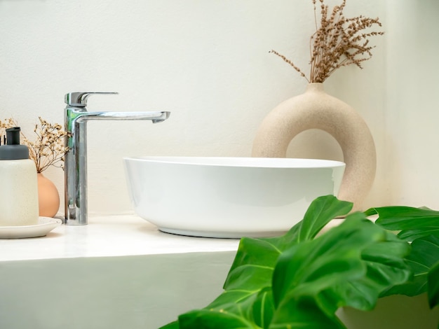 Intérieur de salle d'eau ou de salle de bain de style minimaliste propre avec robinet de lavabo rond moderne feuilles vertes dans des pots au design moderne sur une étagère en marbre et un ton de terre de fond de mur blanc