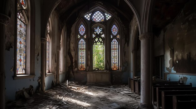 L'intérieur de la salle de l'église en ruine abandonnée lumière du jour poussiéreux