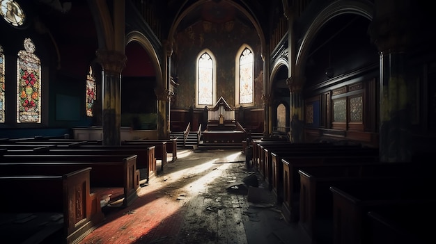 L'intérieur de la salle de l'église en ruine abandonnée lumière du jour poussiéreux