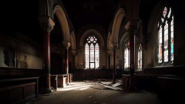 Photo l'intérieur de la salle de l'église en ruine abandonnée lumière du jour poussiéreux