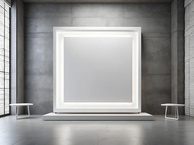 L'intérieur de la salle d'exposition avec une bannière blanche vide éclairée sur des cadres de mur en béton sur le mur