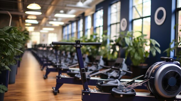 Intérieur d'une salle de fitness moderne avec des vélos d'exercice et des plantes vertes