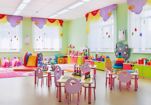 Intérieur de la salle de jeux rose confortable à la maternelle.