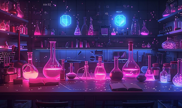 L'intérieur de la salle de laboratoire d'alchimie avec des potions bouillonnantes et une idée de concept mystique F VR Neon Glow