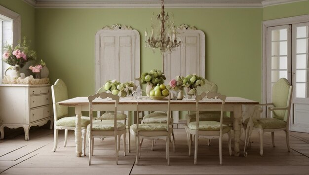 Photo intérieur de salle à manger chic avec table et chaises