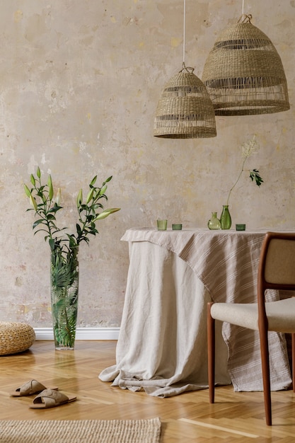 Intérieur de salle à manger élégant et élégant avec table à manger, chaises design, suspensions en rotin, belles fleurs dans des vases, meubles, décoration et accessoires personnels élégants dans un décor chaleureux.