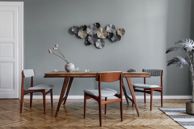 Intérieur de salle à manger élégant et moderne avec table de partage design, chaises en bois, décoration glamour et accessoires élégants