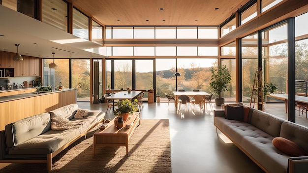 Intérieur de salle à manger moderne et ensoleillé avec des matériaux naturels