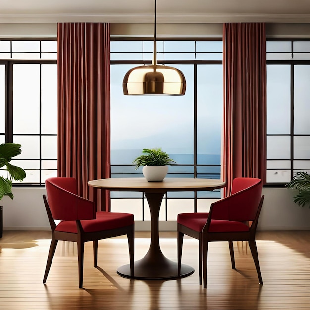 Intérieur de la salle à manger avec table ronde en bois marron