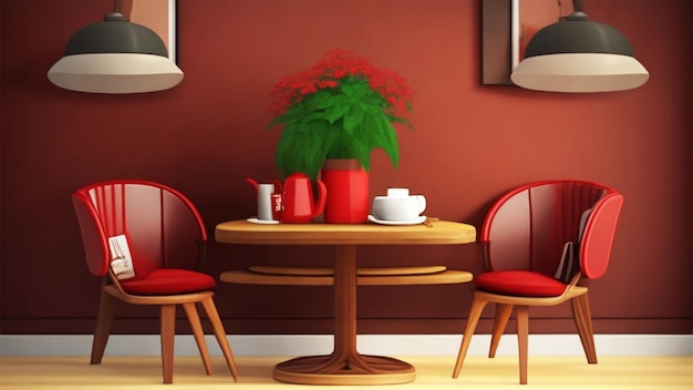 Intérieur de la salle à manger avec table ronde en bois marron