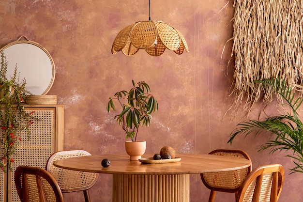 Intérieur de salle à manger vintage boho élégant avec table ronde chaise en rotin commode et fleurs Mur marron et lampe en rotin Modèle d'affiche maquette