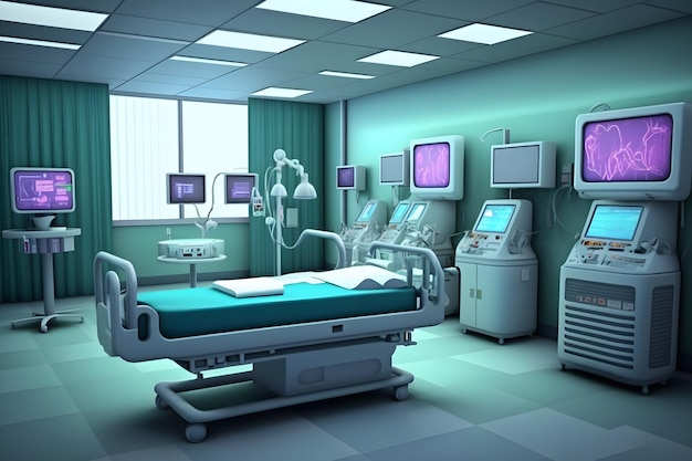 Intérieur de la salle d'opération dans une clinique moderne avec équipement informatique Réseau de neurones généré par l'IA