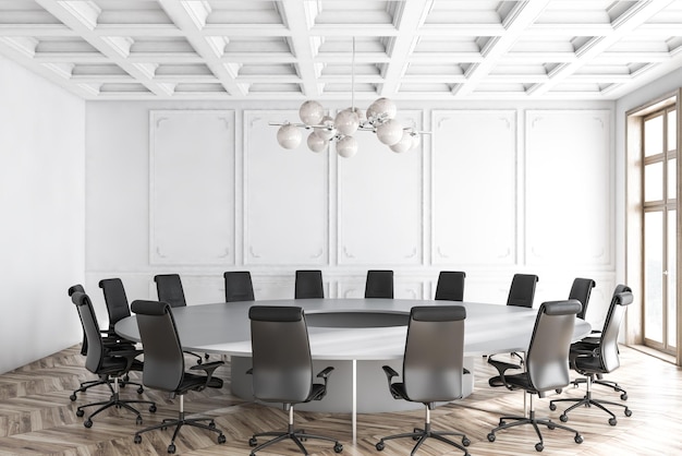 Intérieur de la salle de réunion de bureau de luxe avec murs blancs, parquet et table ronde avec chaises noires. rendu 3d