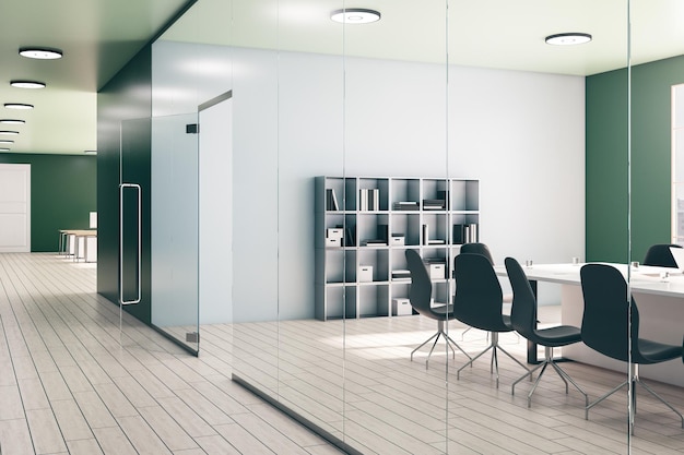 Intérieur de salle de réunion moderne vide et lumineux avec mur de verre de meubles et rendu 3D à la lumière du jour