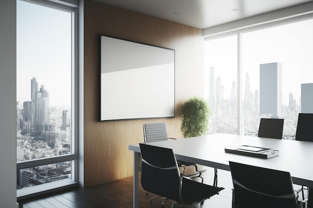 Intérieur d'une salle de réunion moderne avec vue sur la ville et espace de copie sur un mur en bois