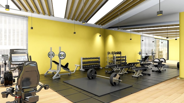 Photo intérieur de salle de sport moderne avec équipement de salle de fitness et de sport intérieur de centre de fitness rendering 3d