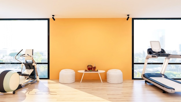 Intérieur de la salle de sport moderne avec équipement de sport et de fitness, intérieur du centre de remise en forme avec tabouret et table avec eau infusée