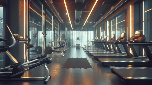 Photo intérieur de la salle de sport avec des rangées de tapis roulants cardio fitness